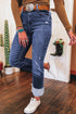 High Waist Distressed Straight Leg Deep Cuff Jeans